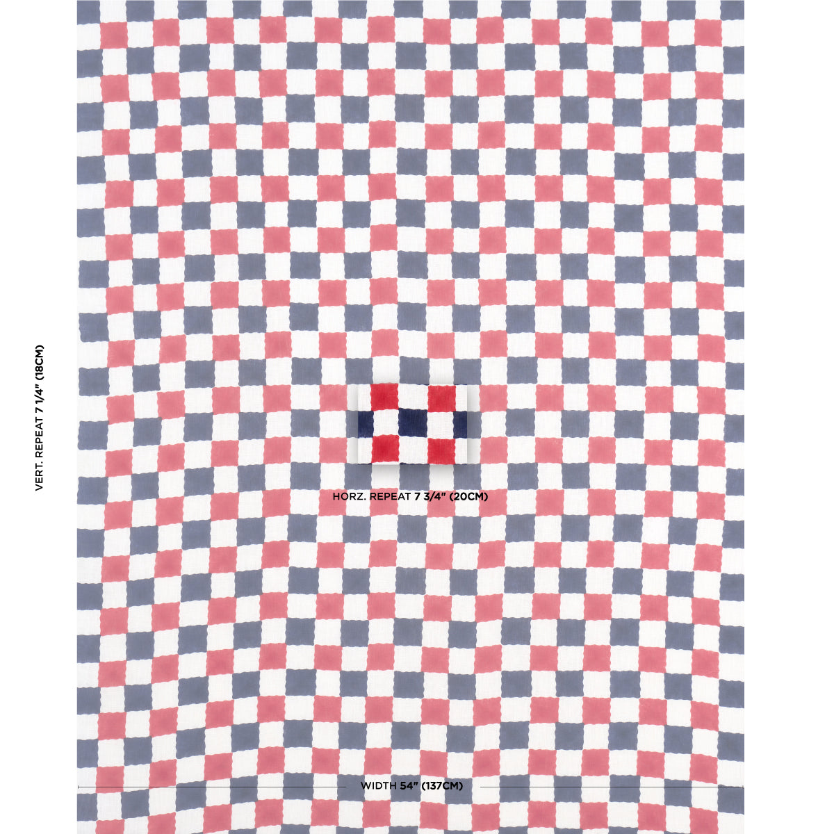 Red and blue checkerboard fabric pattern with small squares on white, repeating grid; textile swatch.