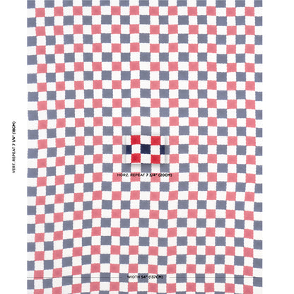 Red and blue checkerboard fabric pattern with small squares on white, repeating grid; textile swatch.