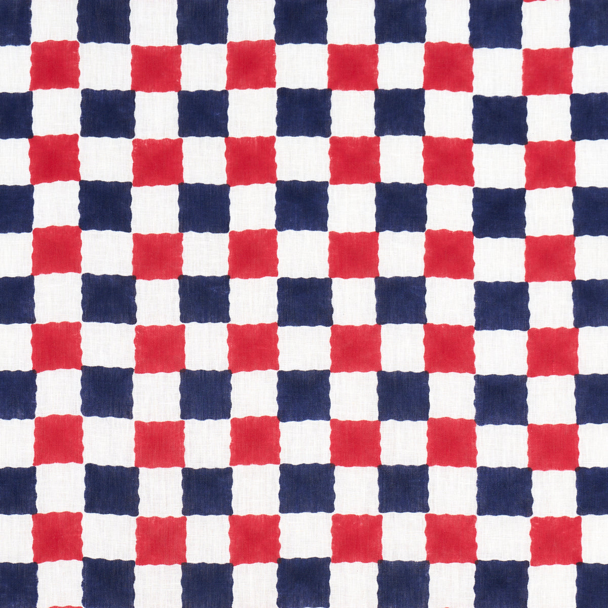 Red and navy blue checkered fabric pattern in small squares; versatile for table linens and crafts.