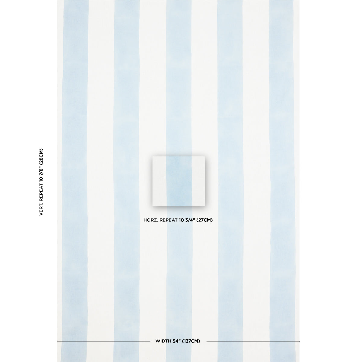 Pastel blue and white vertical striped wallpaper sample with a centered square inset.
