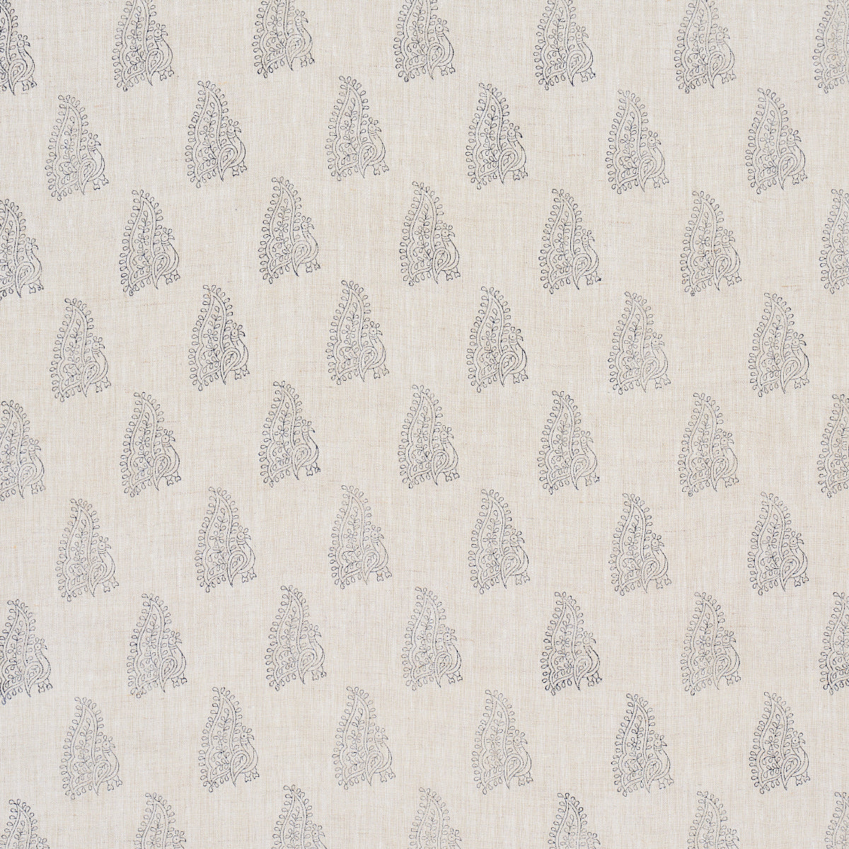 Linen-look fabric with navy and flax peacock hand-blocked print in a repeating pattern, suitable for upholstery or drapery.