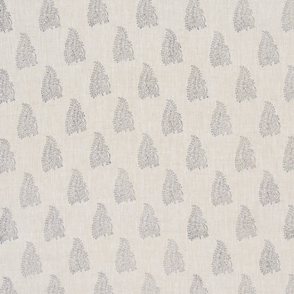 Linen-look fabric with navy and flax peacock hand-blocked print in a repeating pattern, suitable for upholstery or drapery.