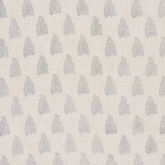 SCHUMACHER  JACARANDA PEACOCK LINEN HAND BLOCKED PRINT PRINTS PRINTS NAVY , FLAX   - 181830