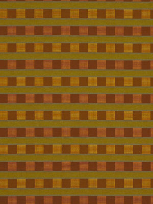Woven upholstery fabric with repeating amber, gold, and brown horizontal bands and small square blocks; warm autumn color palette.