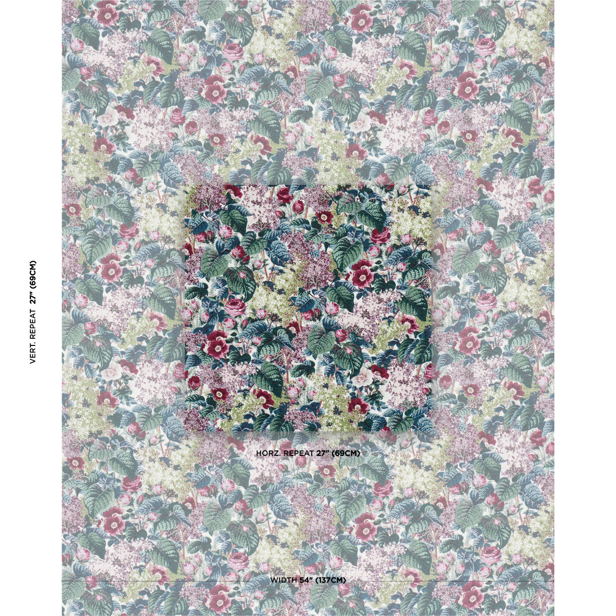 Pastel floral prints with dense blossoms and green leaves; vintage garden motif; repeating tile pattern.