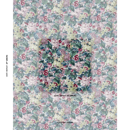 Pastel floral prints with dense blossoms and green leaves; vintage garden motif; repeating tile pattern.
