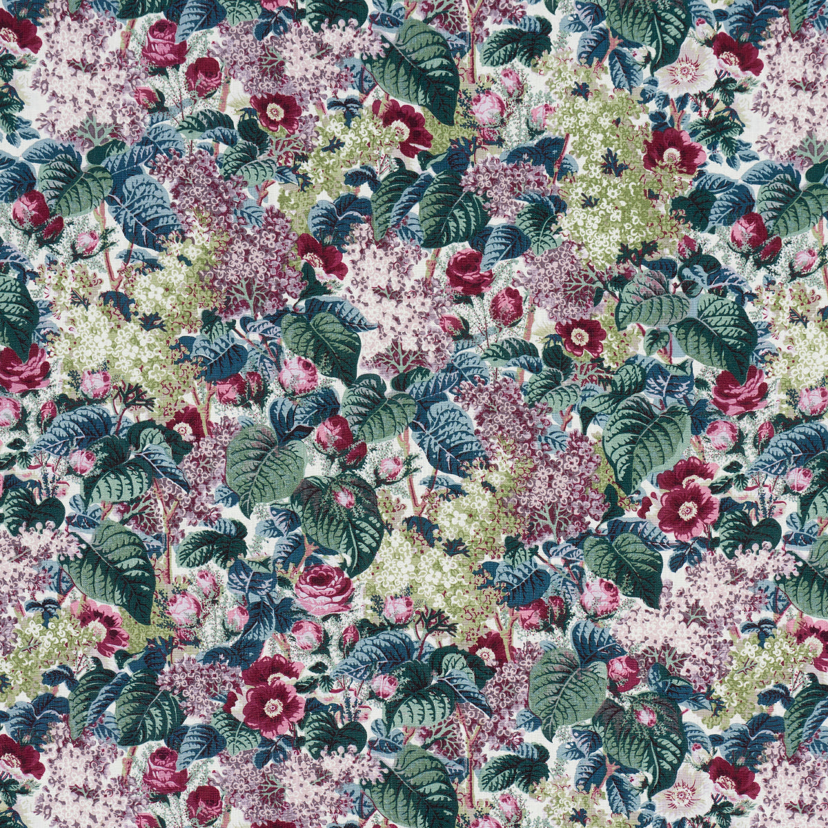 Dense botanical floral fabric pattern with pink, red and cream blossoms and blue-green leaves.