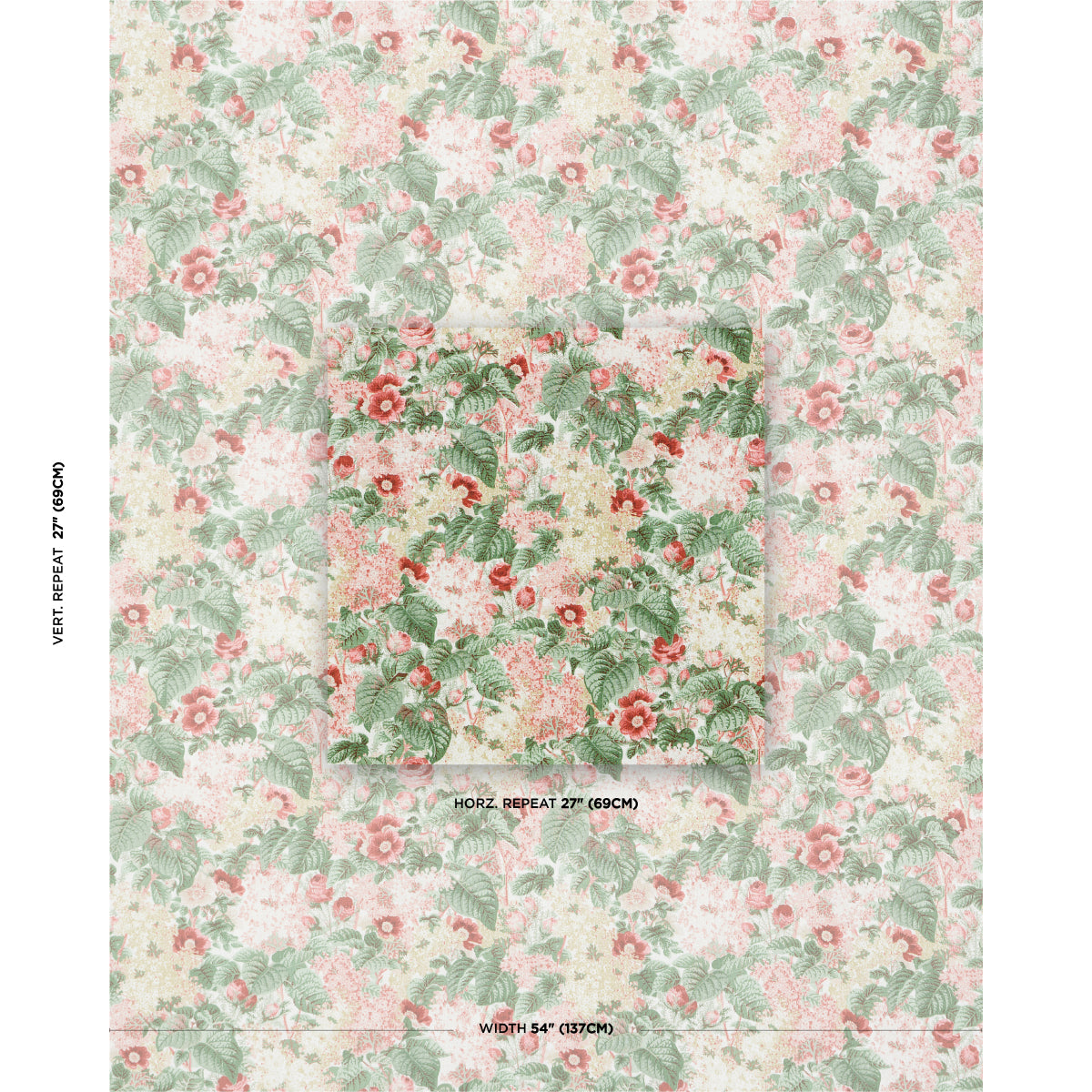 Pastel floral wallpaper pattern with pink roses and green leaves on cream background; vintage botanical repeat.