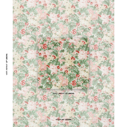 Pastel floral wallpaper pattern with pink roses and green leaves on cream background; vintage botanical repeat.