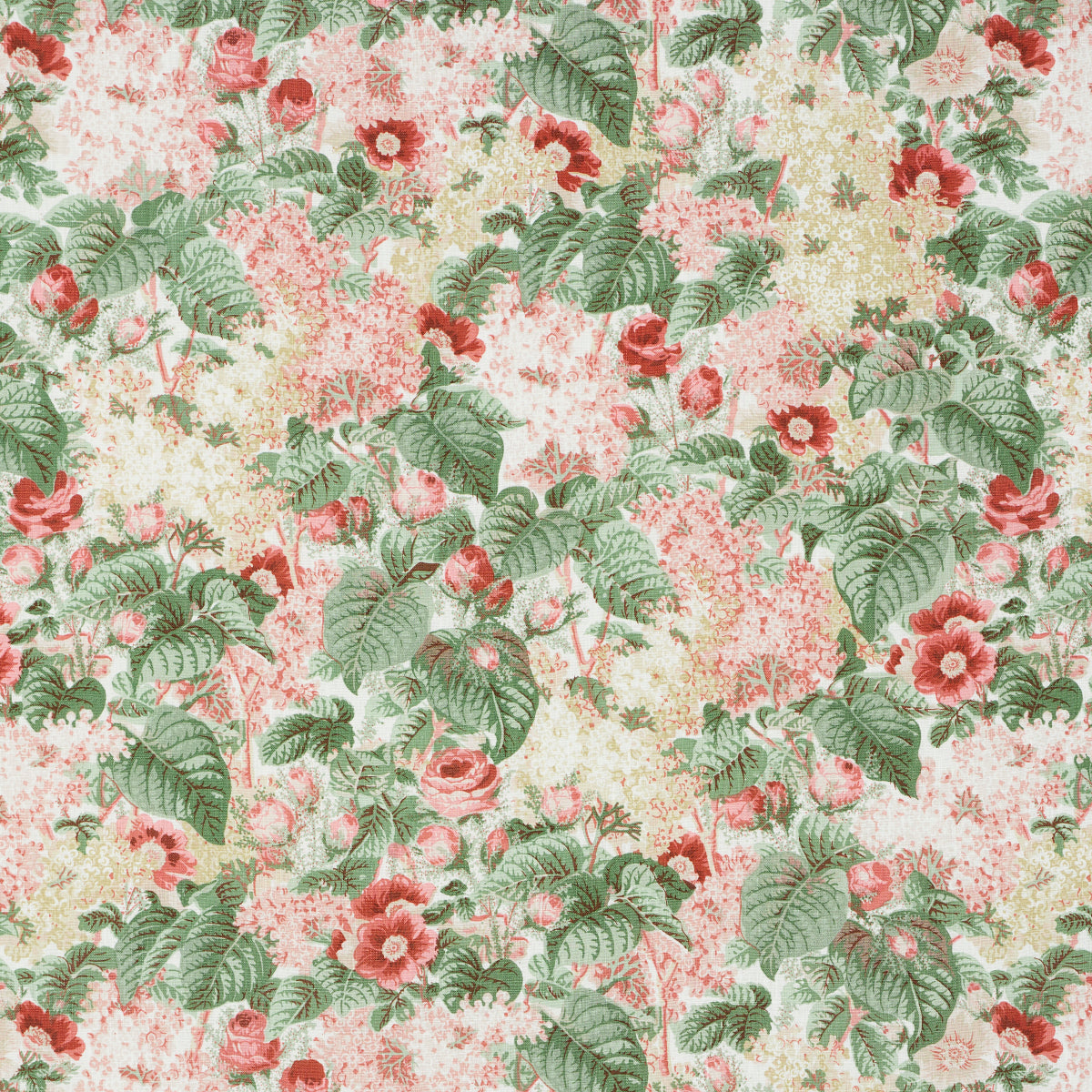Floral fabric pattern with pink and red roses and green leaves on a pale beige background