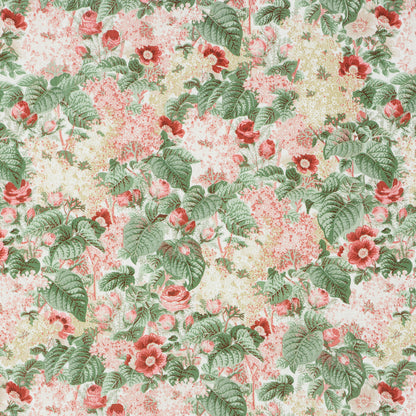 Floral fabric pattern with pink and red roses and green leaves on a pale beige background