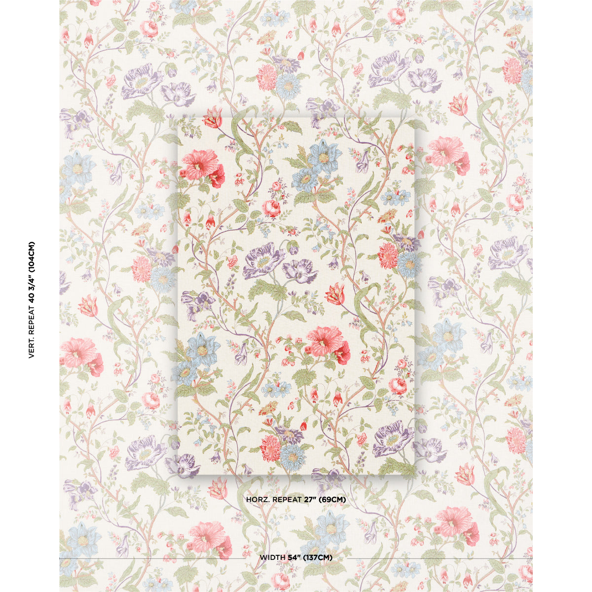 Pastel floral wallpaper with pink, blue, purple and red flowers on green vines against cream background; botanical pattern.