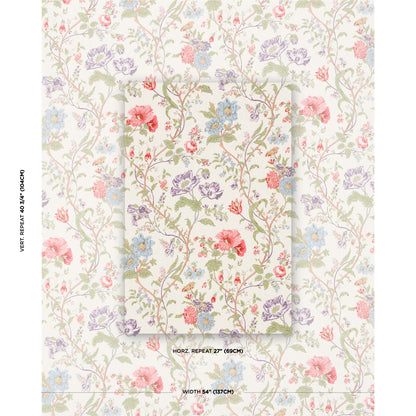 Pastel floral wallpaper with pink, blue, purple and red flowers on green vines against cream background; botanical pattern.