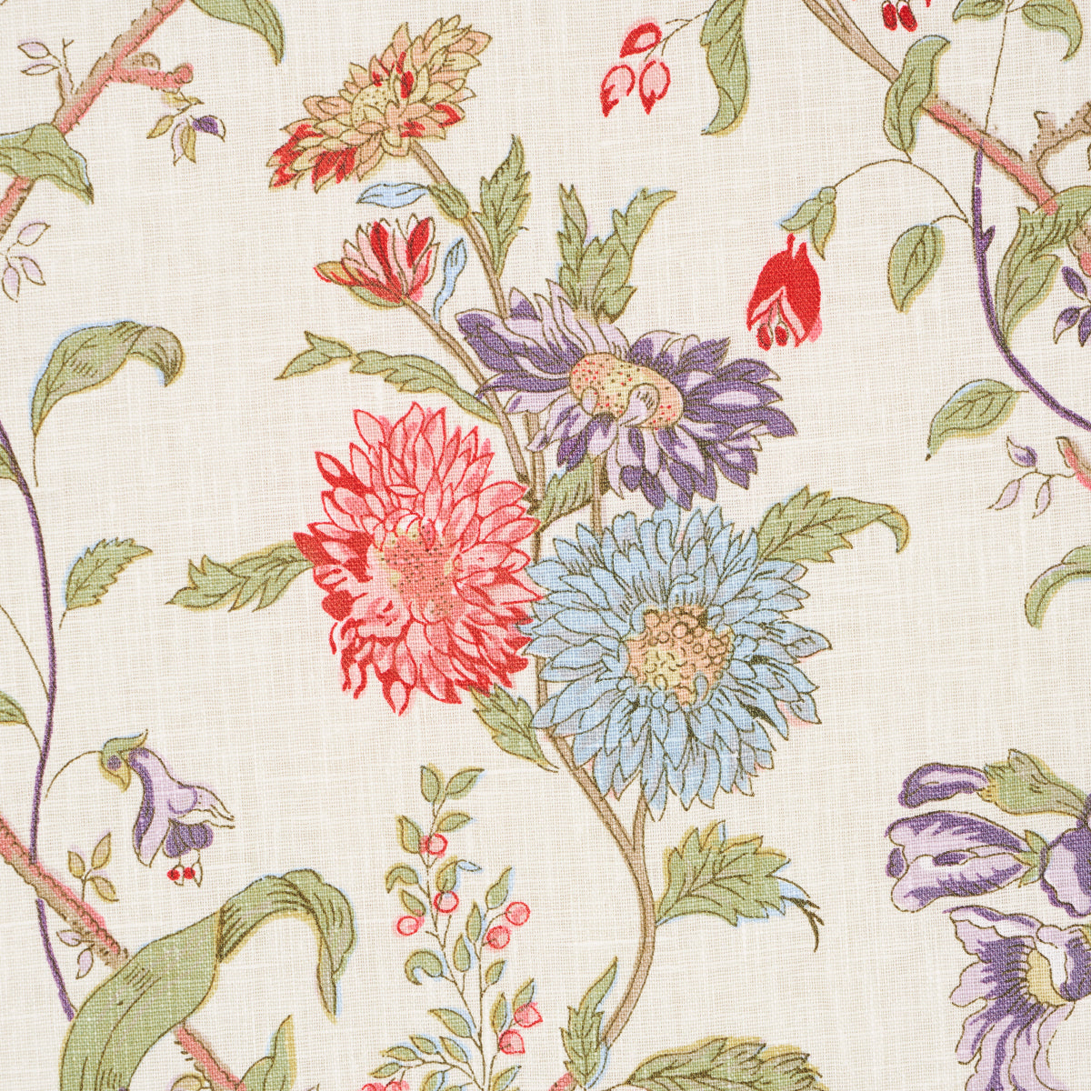 Ivory linen fabric with a vibrant floral print of red, blue, and purple chrysanthemums on green vines.