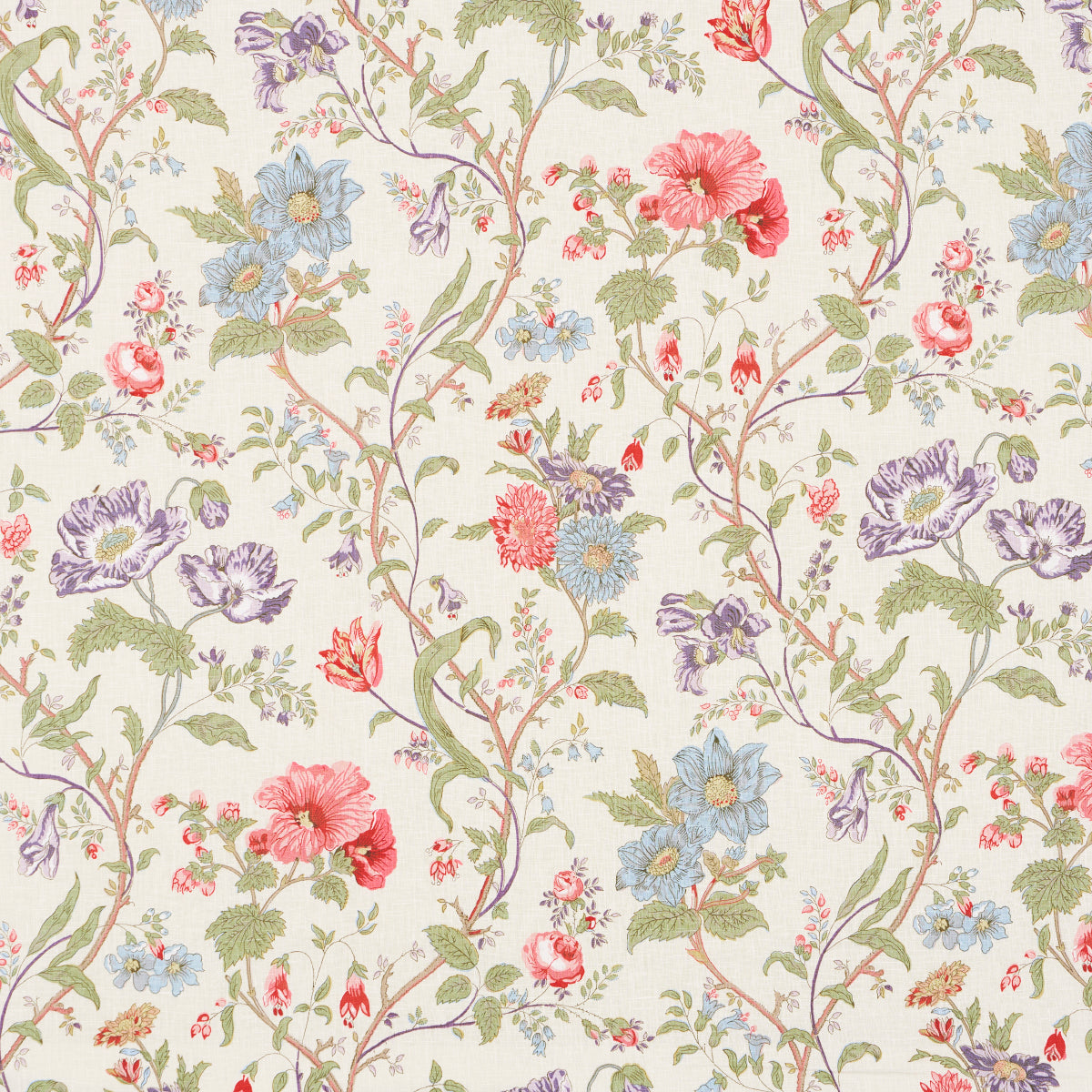 Cream background with curling floral vines and colorful blossoms in red, pink, blue, purple and green.