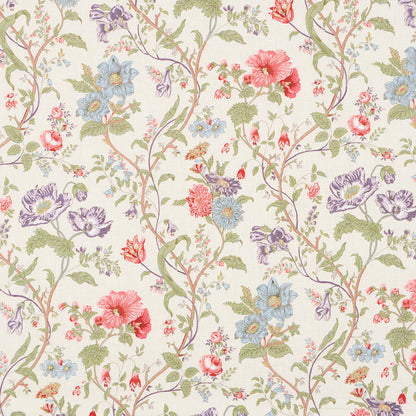 Cream background with curling floral vines and colorful blossoms in red, pink, blue, purple and green.
