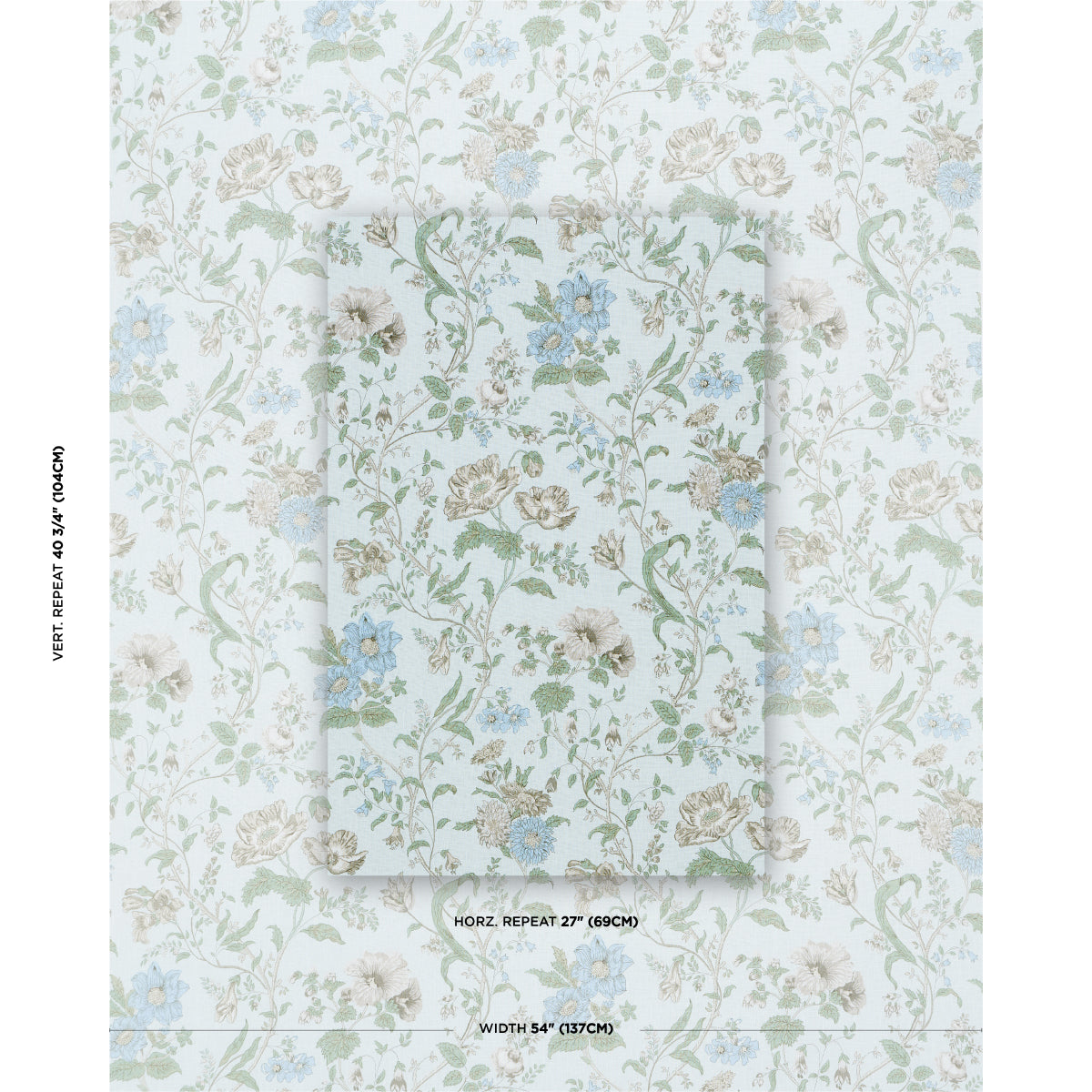 Pastel floral wallpaper with blue, beige and sage flowers and green vines on pale background; sample panel.