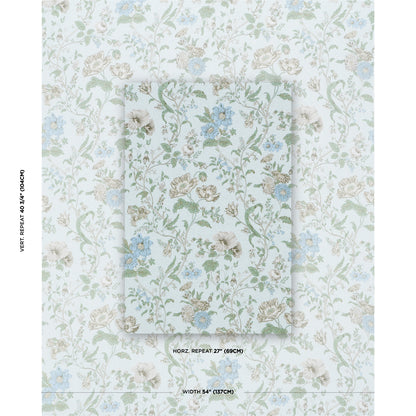Pastel floral wallpaper with blue, beige and sage flowers and green vines on pale background; sample panel.