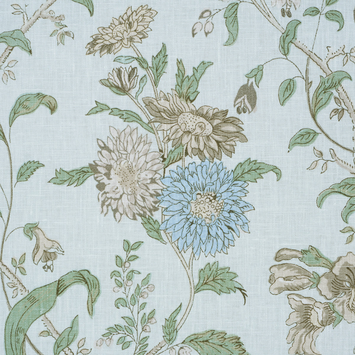 Pastel botanical wallpaper featuring blue and cream flowers with green leaves on pale blue linen-style background.