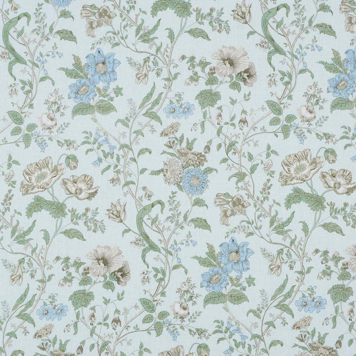 Pastel floral wallpaper featuring blue and beige blossoms with green vines on a pale background.