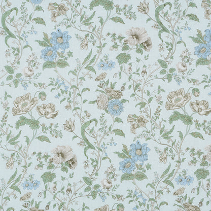 Pastel floral wallpaper featuring blue and beige blossoms with green vines on a pale background.