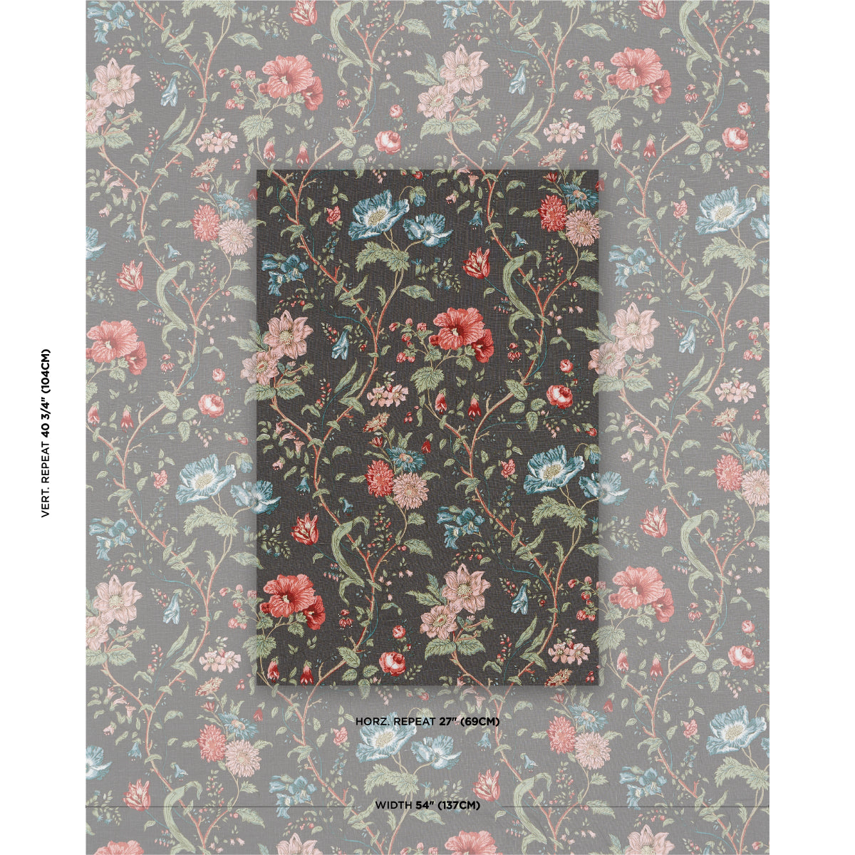 Floral wallpaper swatch with dark background, red/pink/blue flowers and green vines; vintage botanical pattern for accent walls.