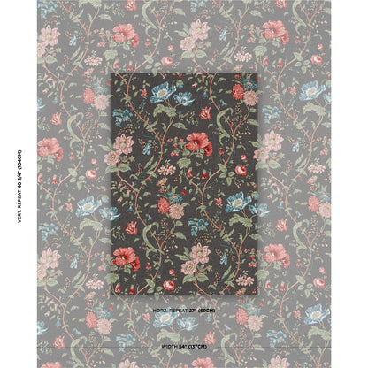 Floral wallpaper swatch with dark background, red/pink/blue flowers and green vines; vintage botanical pattern for accent walls.
