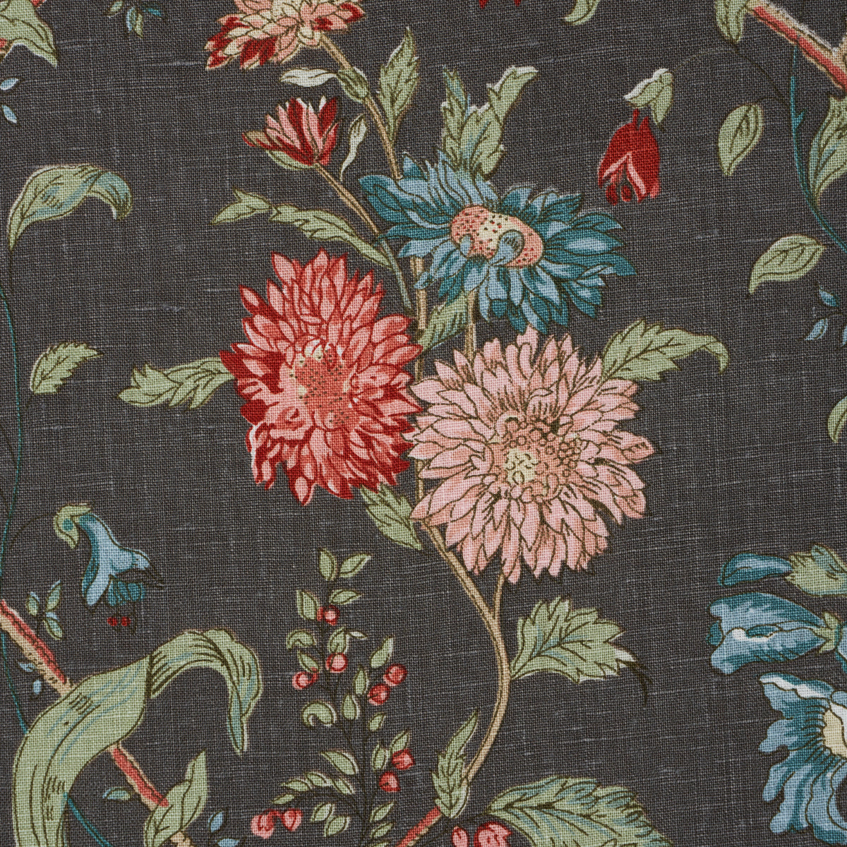 Dark fabric with a bold floral print on charcoal background; red, pink, blue blooms with green leaves; suitable for upholstery.