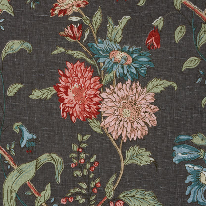 Dark fabric with a bold floral print on charcoal background; red, pink, blue blooms with green leaves; suitable for upholstery.