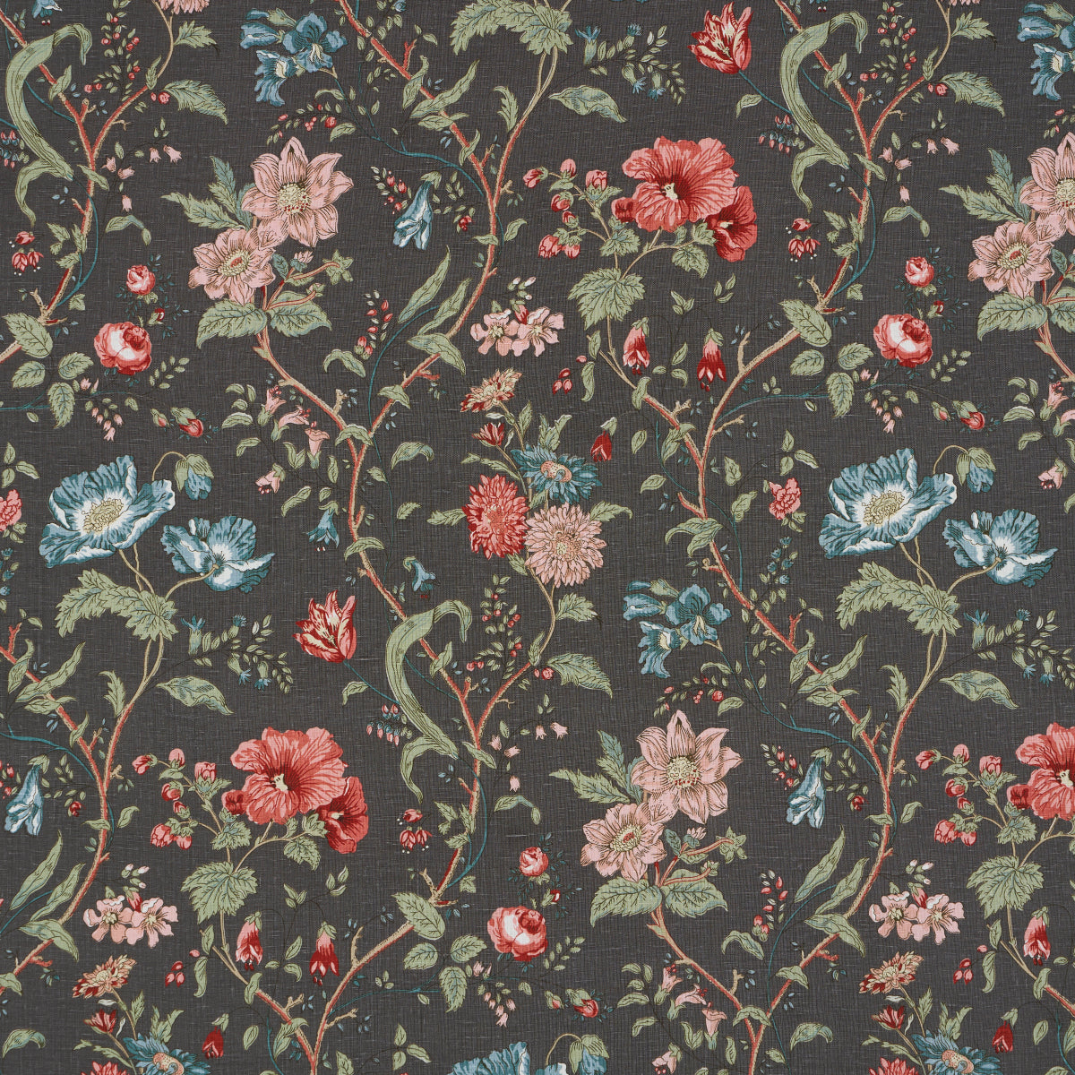 Dark charcoal floral tapestry fabric with red, pink and blue blossoms and winding green vines.