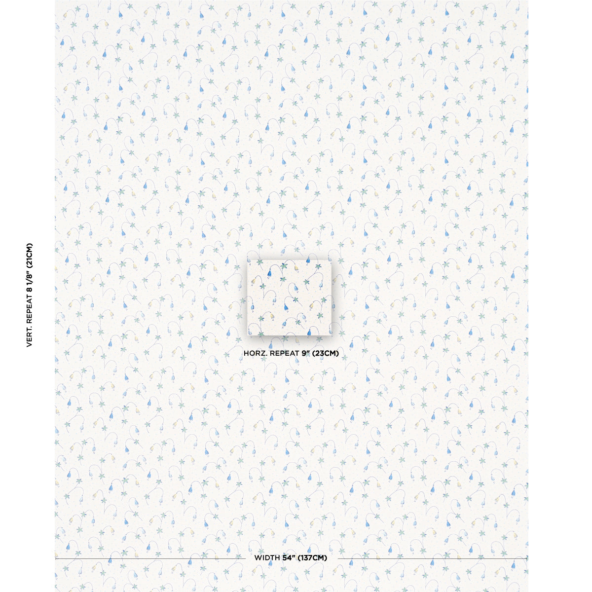 White wallpaper with tiny blue floral pattern; airy modern classic, 54" wide with 9" horizontal and 8¼" vertical repeats.