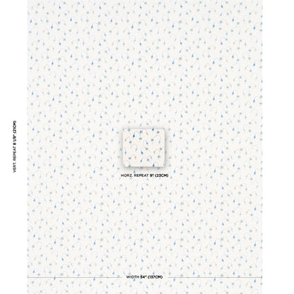 White wallpaper with tiny blue floral pattern; airy modern classic, 54" wide with 9" horizontal and 8¼" vertical repeats.