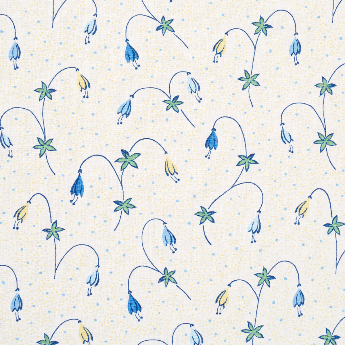 Repeating floral pattern with curved blue stems, blue and yellow bell flowers, green leaves on pale beige dotted background