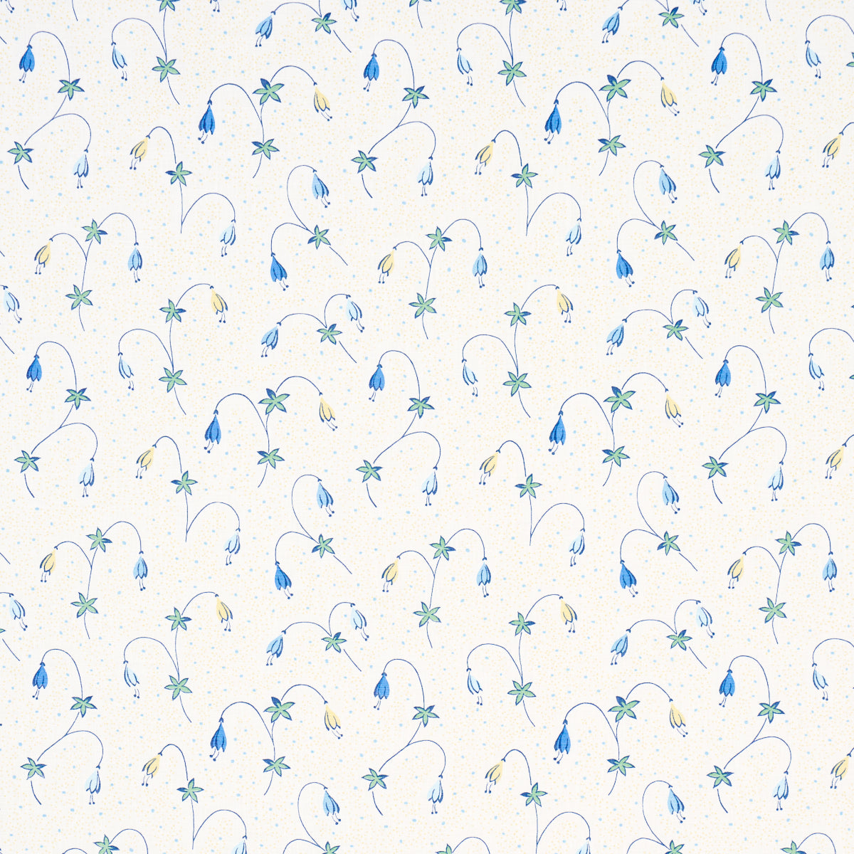 Cream fabric with watercolor-style blue and pale yellow florals on arching stems with palm-like leaves.