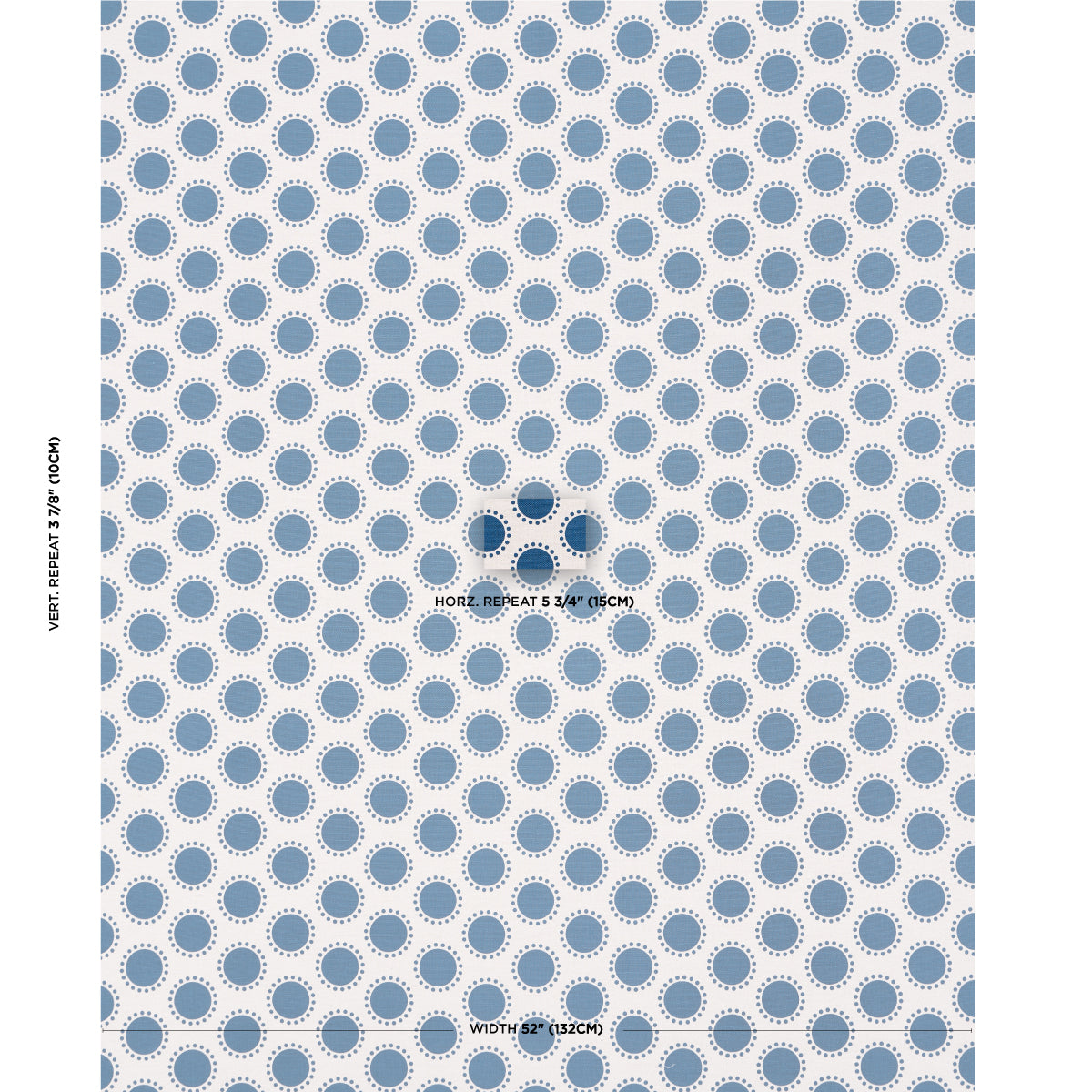 Dense blue circle polka-dot pattern with white rings on pale background; repeating textile print swatch.