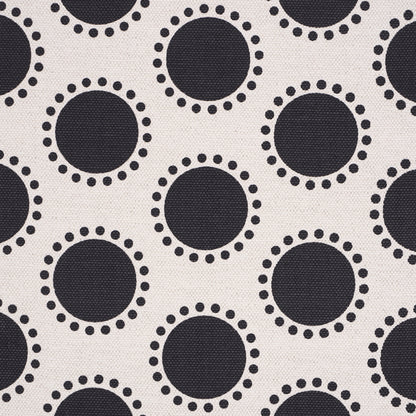 Beige fabric with navy circles surrounded by dotted rings; retro geometric dot pattern.