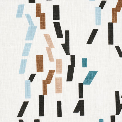 Abstract geometric print with teal confetti shapes on a linen-textured cream background.