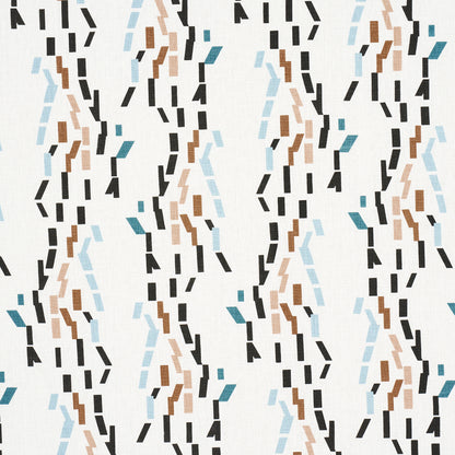 Abstract geometric wallpaper pattern with vertical wavy bands of dashed rectangles in black, brown, tan and light blue on cream.