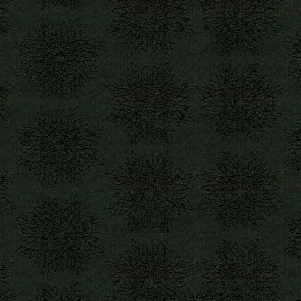Dark olive green background with repeating black floral mandala motifs.