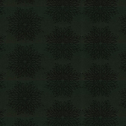 Dark olive green background with repeating black floral mandala motifs.