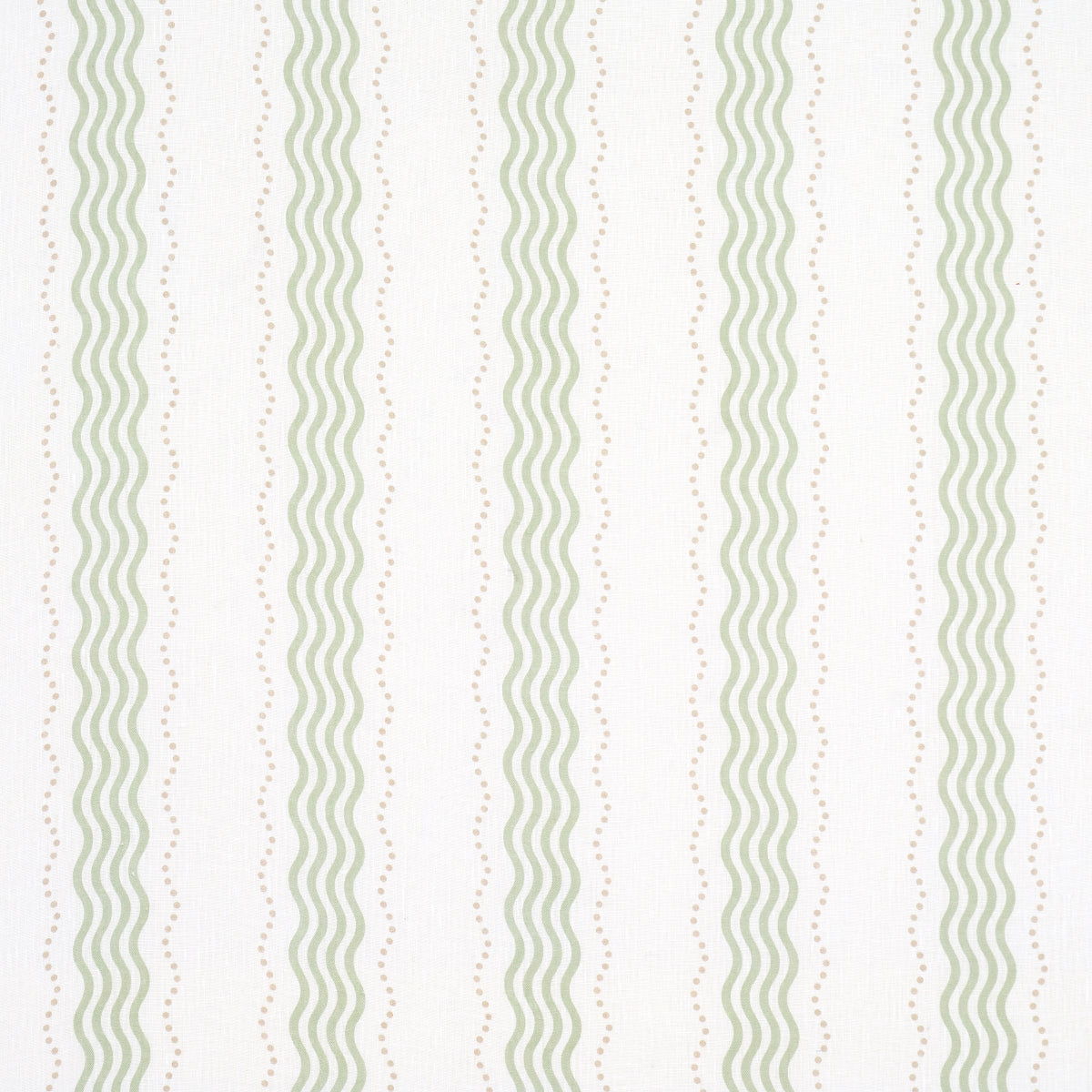Cream linen sheer fabric with vertical pale green wavy stripes and dotted beige lines in a repeating pattern