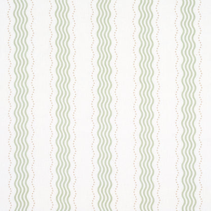 Cream linen sheer fabric with vertical pale green wavy stripes and dotted beige lines in a repeating pattern