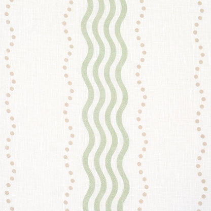 Cream linen-textured wallpaper featuring a pale green wavy vertical stripe flanked by tan dotted lines.