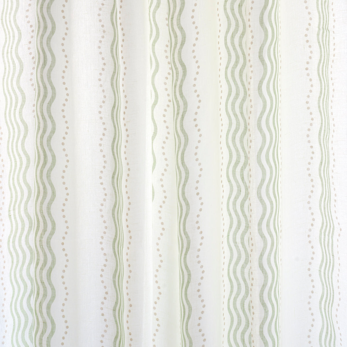 Cream fabric with vertical sage green wavy stripes and dotted accents; decorative textile pattern.