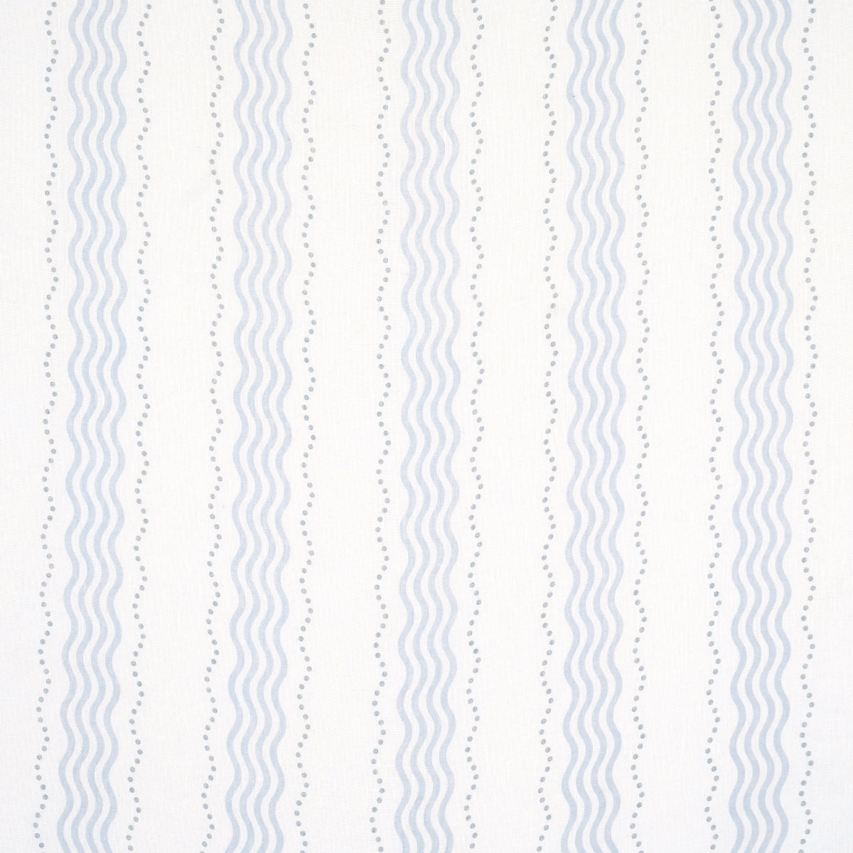 Cream linen sheer fabric with vertical light blue wavy stripes and small gray dotted lines.