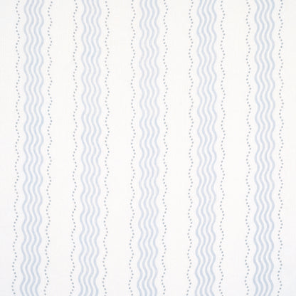 Cream linen sheer fabric with vertical light blue wavy stripes and small gray dotted lines.