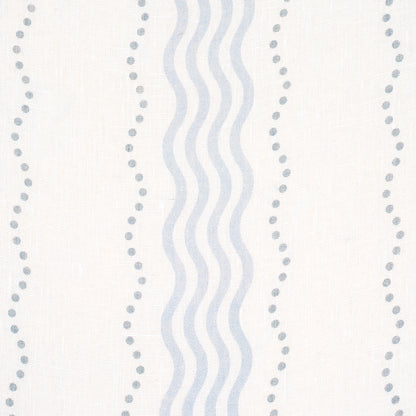 Cream fabric with pale blue vertical wavy stripe flanked by dotted lines; soft nautical textile pattern.