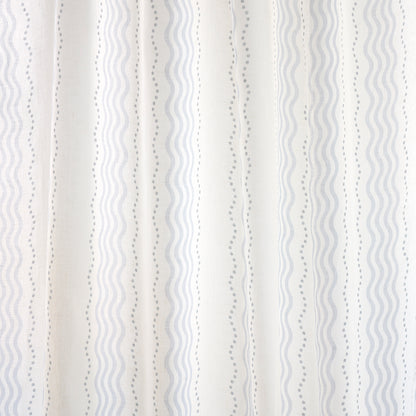 Neutral striped fabric with vertical wavy and dotted lines in beige and pale gray; ideal for curtains or upholstery.