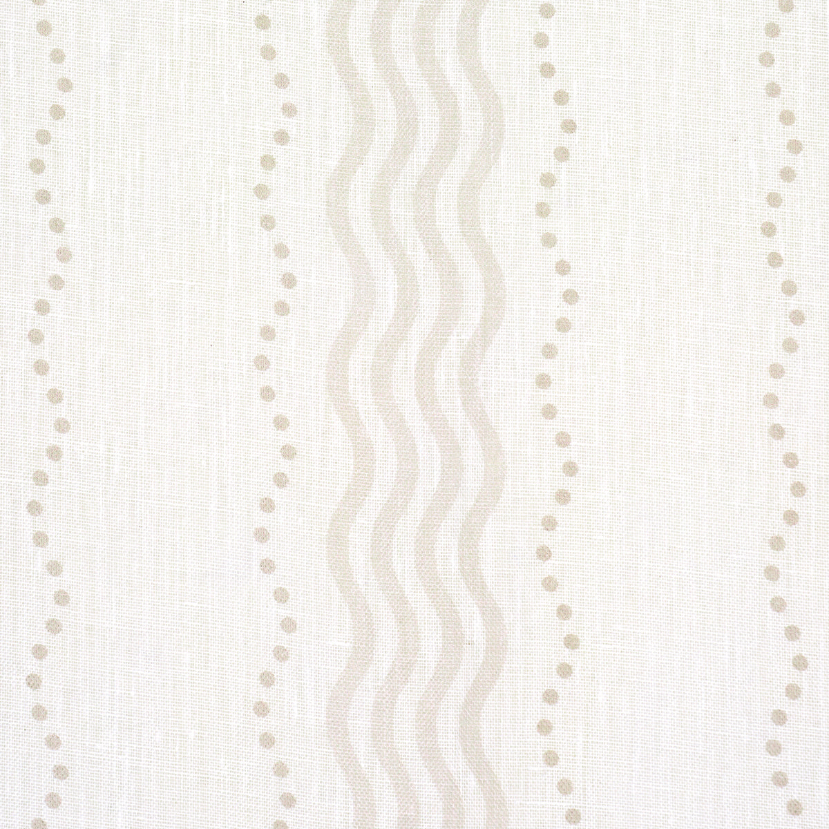 Cream linen-sheer print fabric with ivory wavy vertical stripes and dotted lines for curtains or upholstery.