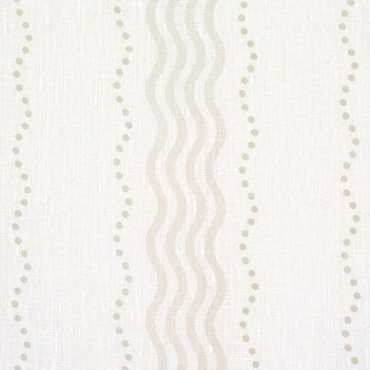 Cream linen-sheer print fabric with ivory wavy vertical stripes and dotted lines for curtains or upholstery.